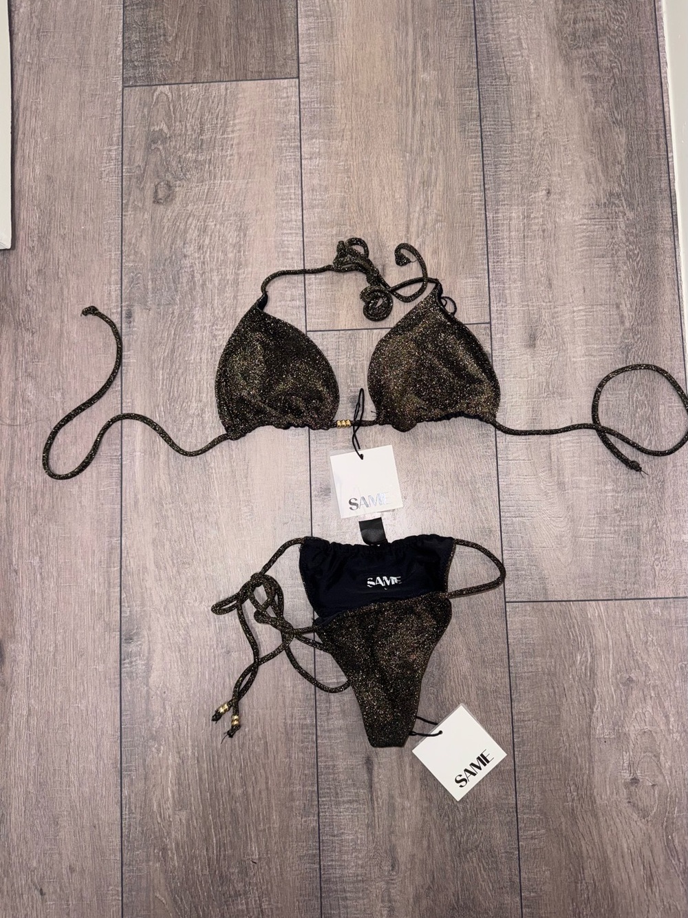 SAME Beaded String Black Shimmer Lurex Metallic Gold Triangle String Bikini - Picture 2 of 5